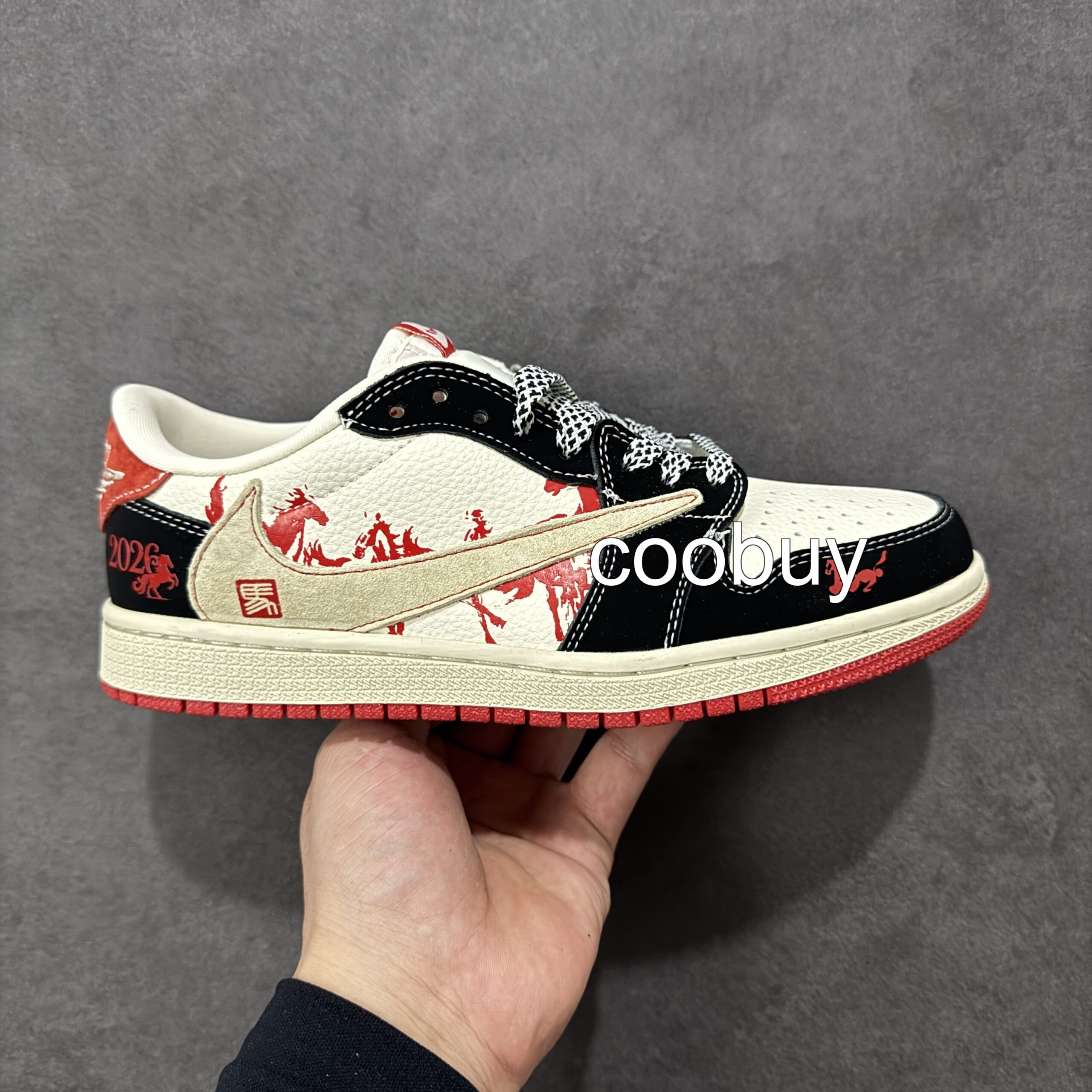 Replica nike factory Travis Scott x Fragment x Air Jordan 1 Low OG Black Red Horse Year