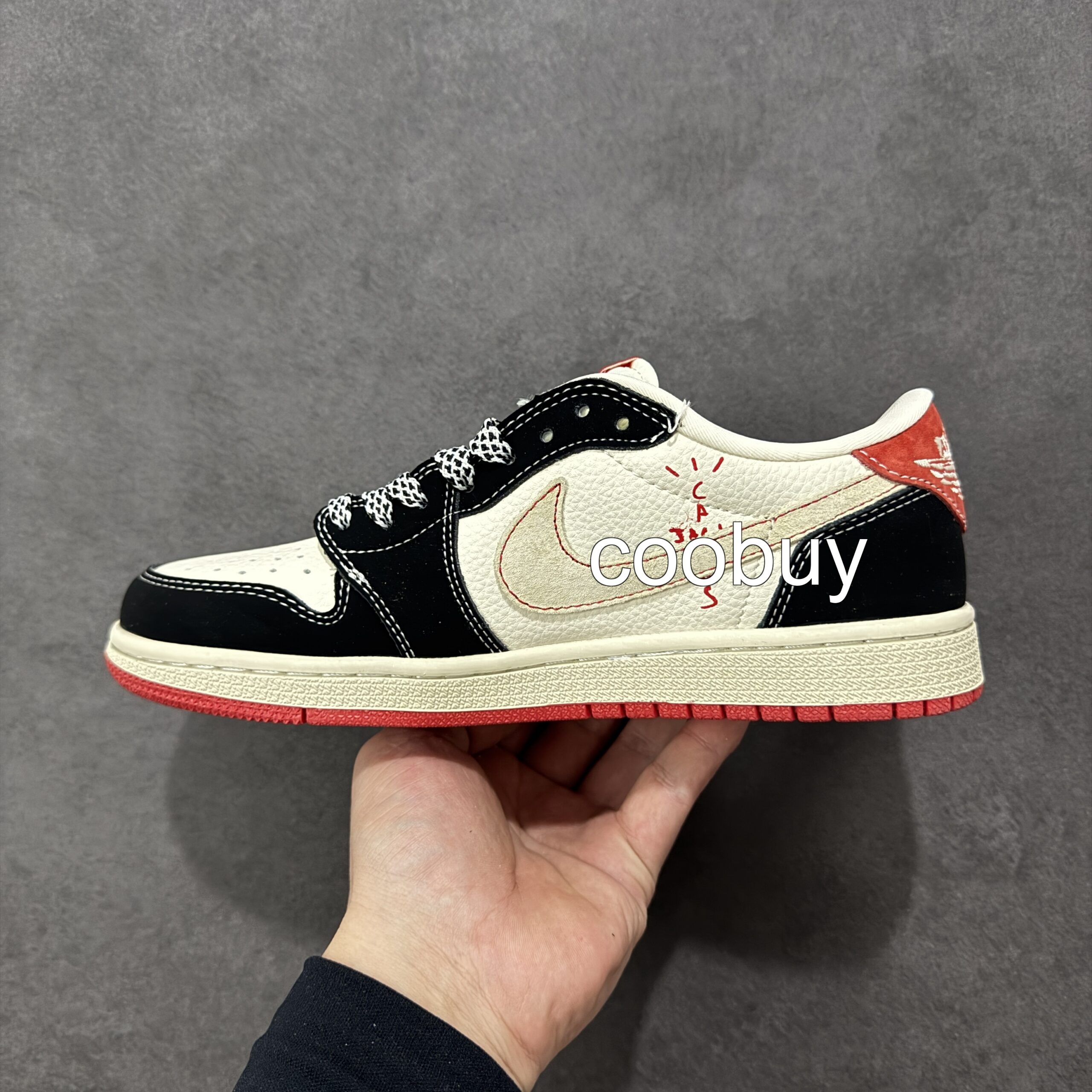 Replica nike factory Travis Scott x Fragment x Air Jordan 1 Low OG Black Red Horse Year - Image 2