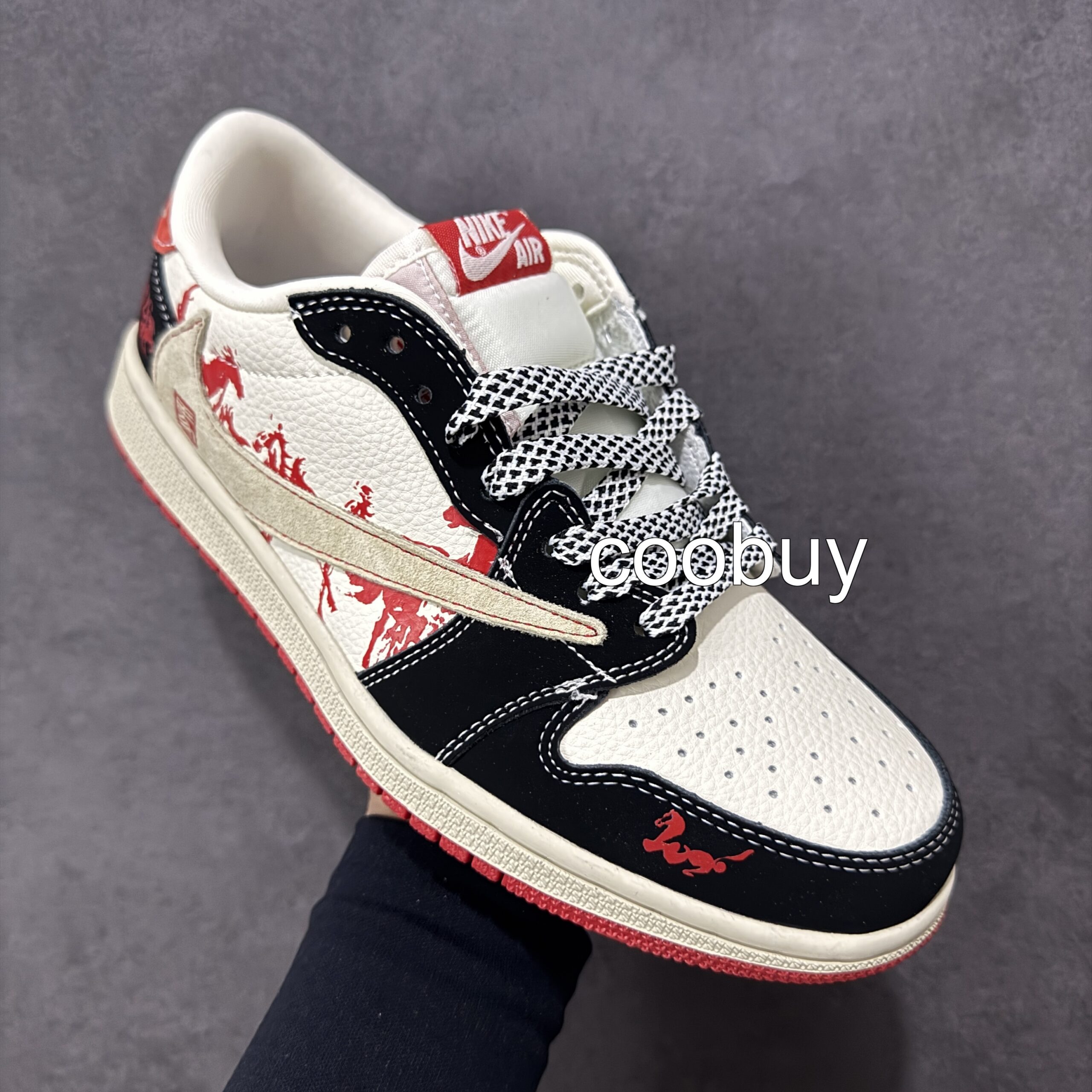 Replica nike factory Travis Scott x Fragment x Air Jordan 1 Low OG Black Red Horse Year - Image 3