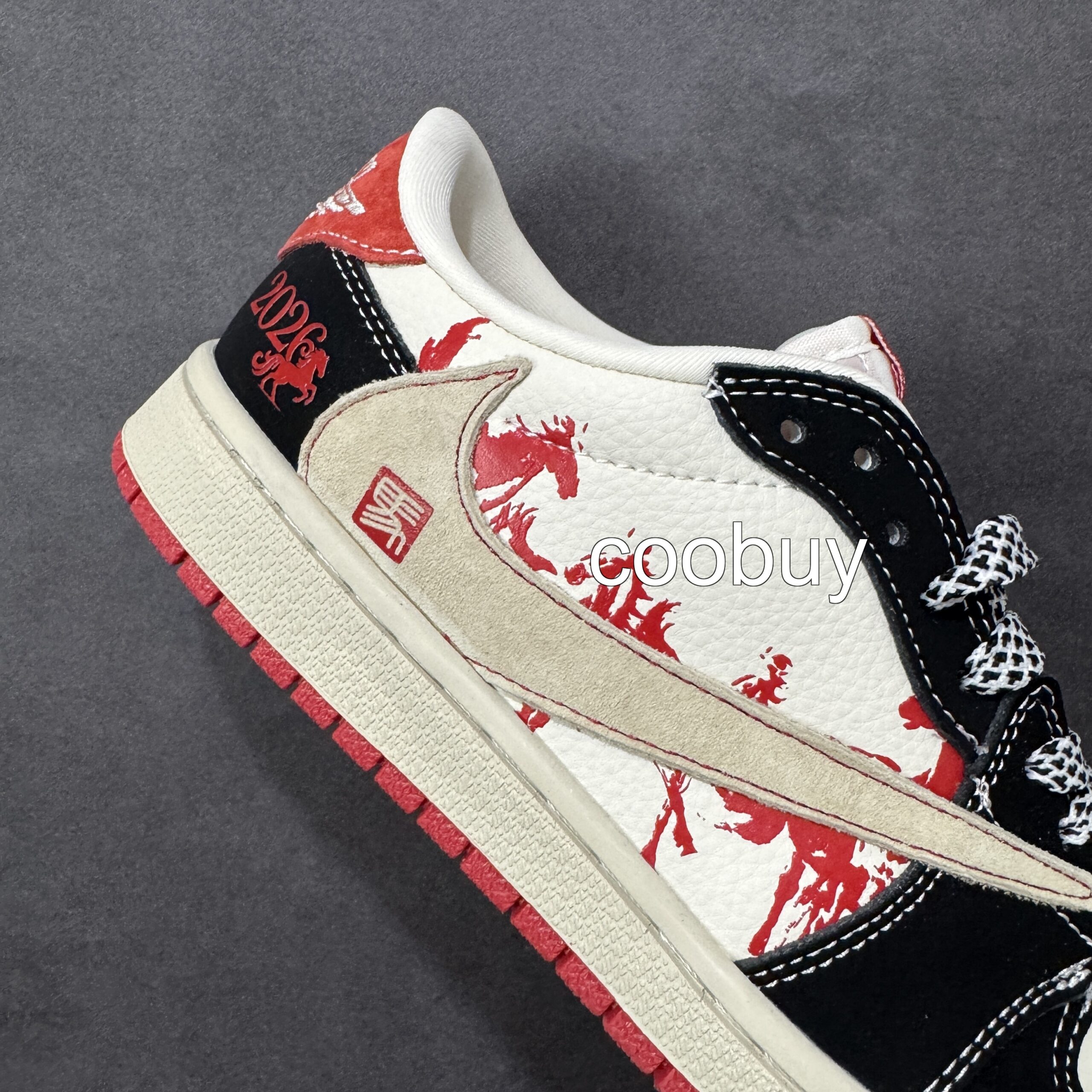 Replica nike factory Travis Scott x Fragment x Air Jordan 1 Low OG Black Red Horse Year - Image 6