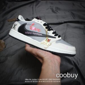 Replica Fake Jordan Shoes Air Jordan 1 Low Travis Scott Louis Vuitton White Gray Black